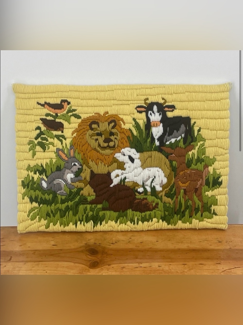 Vintage 70’s Pastoral Animal Farm Friends Nature Crewel Wall Hanging